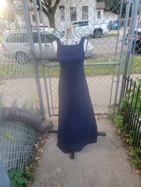 Vintage Rhapsody LTD Navy Metallic Lace Maxi Evening Gown Size 8 USA